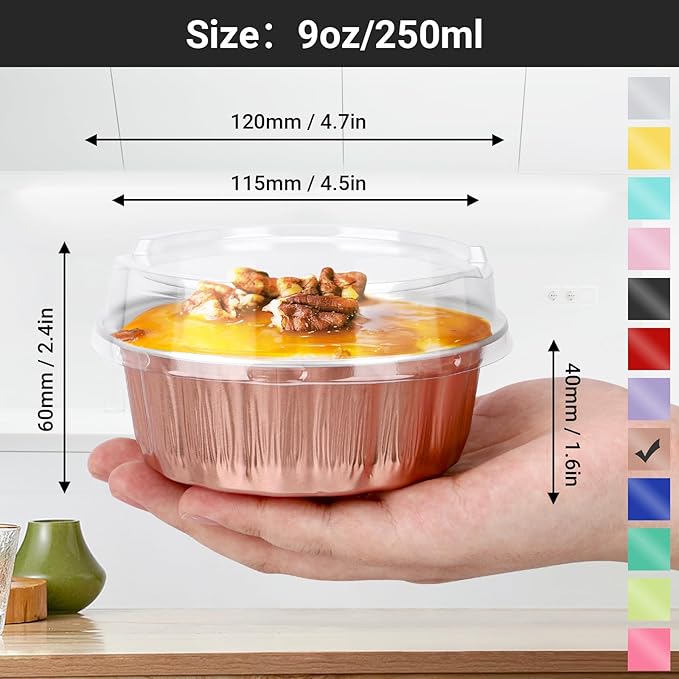 EUSOAR Cake Transport Container, 50pcs 9oz Rose Gold Foil Ramekins Disposable Oven Safe, Dessert