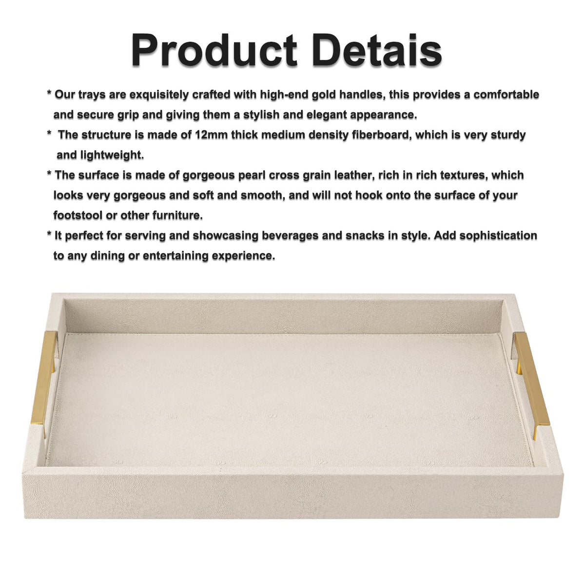 Beige Faux Leather Serving Tray with Handles – Large Decorative Tray for Coffee Table, Ottoman