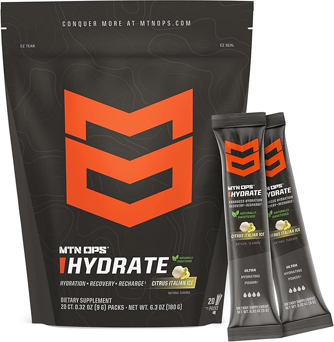 MTN OPS Hydrate Electrolytes Powder Drink Mix, Naturally Sweetened with Monk Fruit, Gluten Free 20