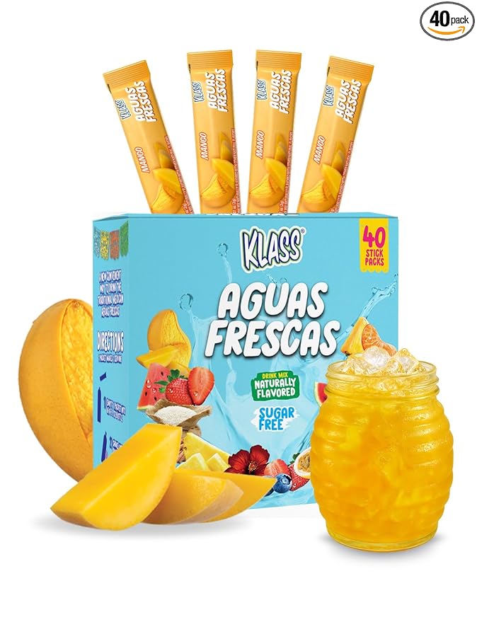 Klass Aguas Frescas | Drink Mix Packets | Mango Flavored | Sugar Free On-The-Go Packets, Low