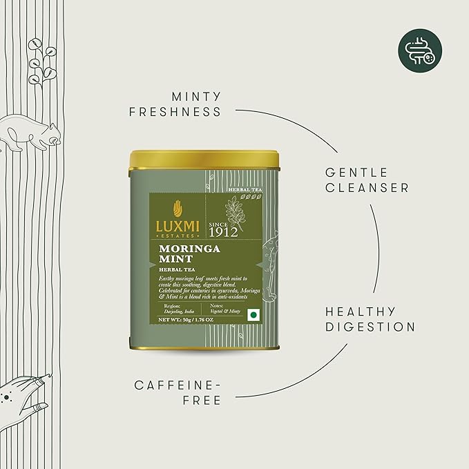 Luxmi Estates - Moringa Mint Tea Loose Leaf - 50g (25 cups) | Organic Moringa and Mint | Great for