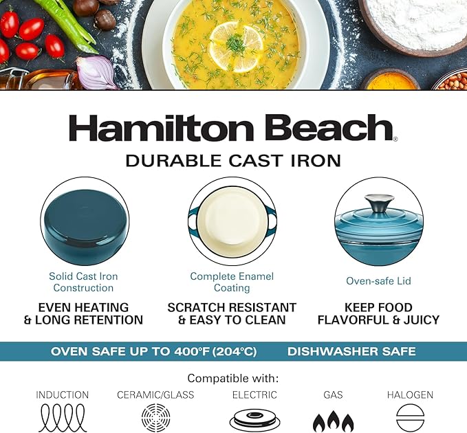 Hamilton Beach 3-Quart Enameled Cast Iron Dutch Oven, Navy with Cream Interior | Even Heat