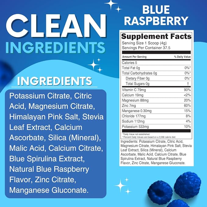 Zero Sugar - Blue Raspberry Electrolytes Powder - Refreshing Hydration - Caffeine Free Energy - All