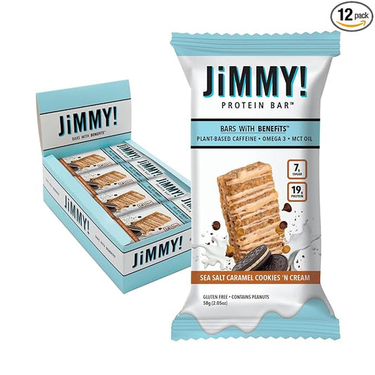 JiMMYBAR! - Sea Salt Caramel Cookies N' Cream - 19g High Protein Bars - 7g Sugar - 12 Count - 58g