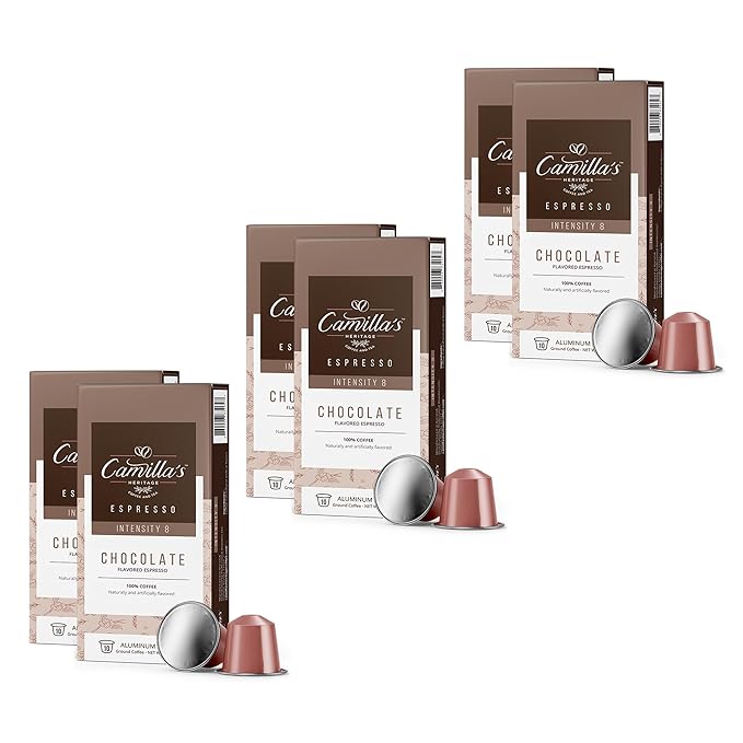 Camilla’s Heritage - Intensity 8 Chocolate Flavored Espresso Coffee, Gourmet Espresso Cups, 60