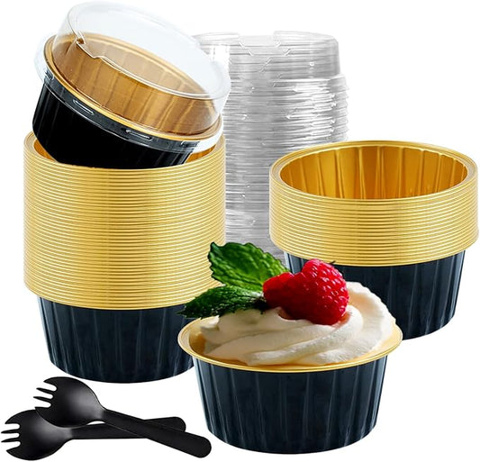 60 Pcs Mini Cake Pans with Lids,5oz Aluminum Foil Baking Cups Round Mini Disposable Ramekins 125ml