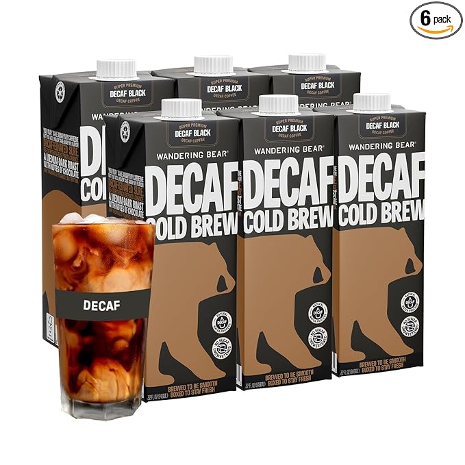 Wandering Bear Decaf Cold Brew Coffee, 32 fl oz, 6 pack - Extra Strong, Bold, Smooth, Unsweetened
