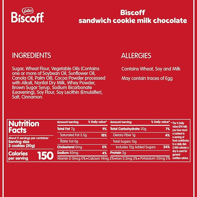 Lotus Biscoff Sandwich Cookies, Milk Chocolate Cream, 22 Cookies per pack, 7.76 Ounce
