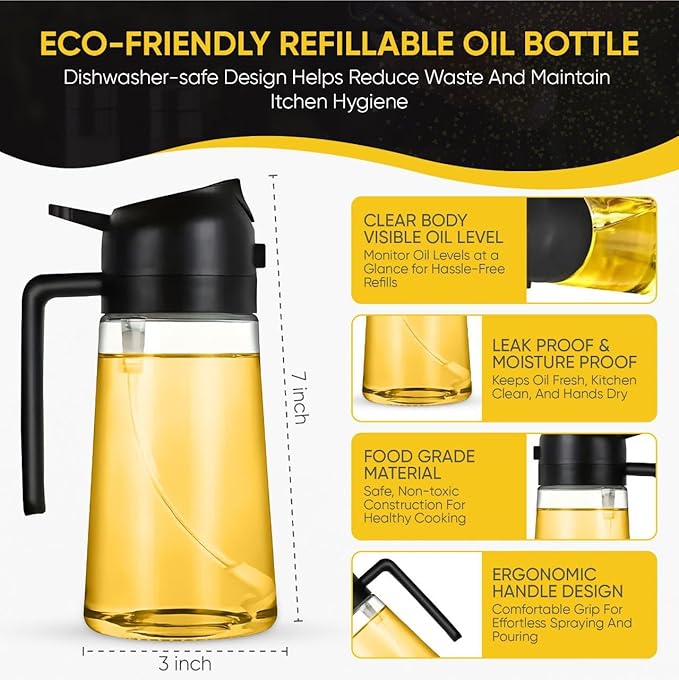 2-in-1 Olive Oil Dispenser Bottle, Spray and Pour, Multi-Use Kitchen Gadget, Food-Grade, Salad