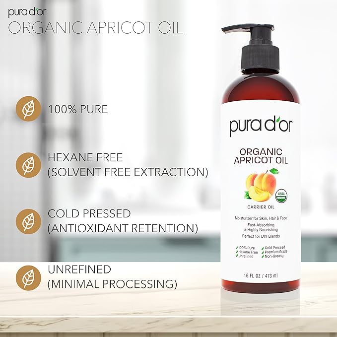 PURA D'OR 16 Oz ORGANIC Apricot Kernel Oil - 100% Pure & Natural USDA Certified Cold Pressed
