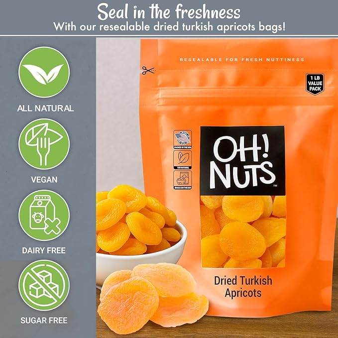 Oh! Nuts Dried Apricots Turkish - 1 lb - Dried Fruit - No Sugar Added - Dehydrated Fruit Bites