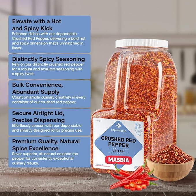 Dependable Food Crushed Red Pepper Flakes - 3.5 Lb. Container - Bulk Size - Kosher Spice Seasoning