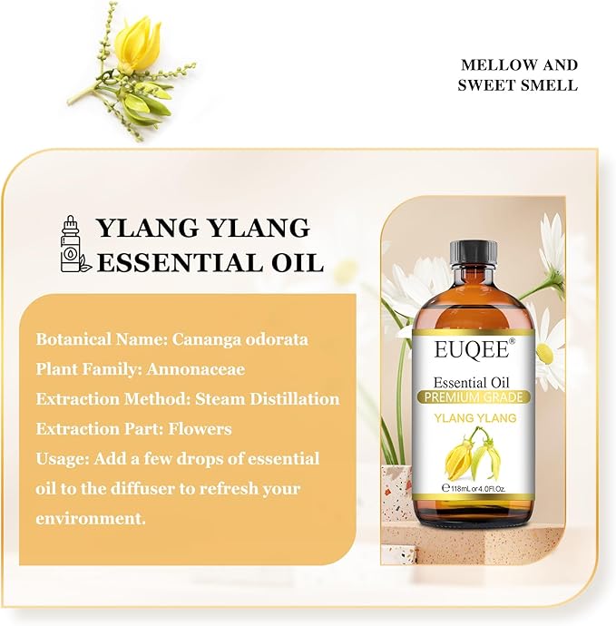 Ylang Ylang Essential Oil 118ml with Glass Dropper, Pure Ylang Ylang Oil for Diffuser, Candle