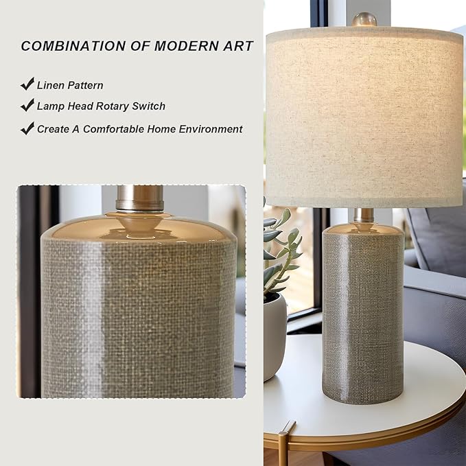 20.25/inch Modern Ceramic Table lamp Set of 2 Small Farmhouse Bedside lamp Dark Grey Nightstand