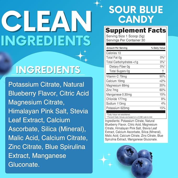 Zero Sugar - Sour Blue Candy Electrolytes Powder - Refreshing Hydration - Caffeine Free Energy