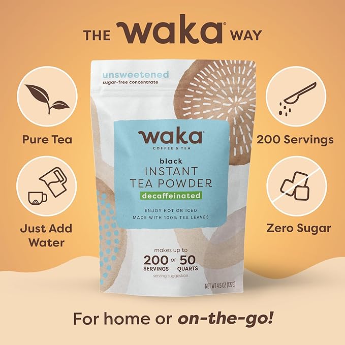 Waka Instant Black Tea Mix Pouch, Decaffeinated - 100% Tea Leaves, No Additives, Unsweetened Tea