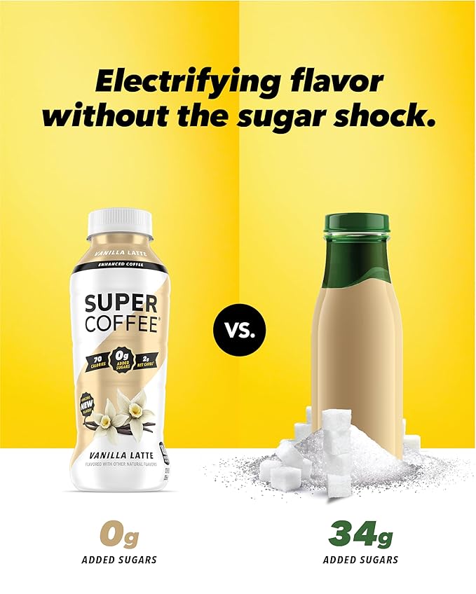 Super Coffee, Ready To Drink Iced Coffee, Vanilla Latte (12 Ounce Bottles, Pack of 12) - Low Net