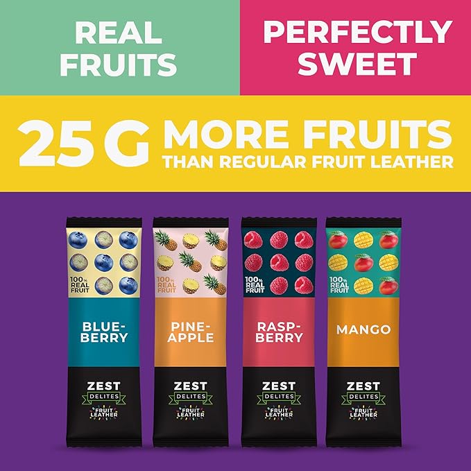Fruit Snacks by Zest Delites, Fruit Leather Bars, Healthy Snacks for Adults & Kids, Vegan, Dried
