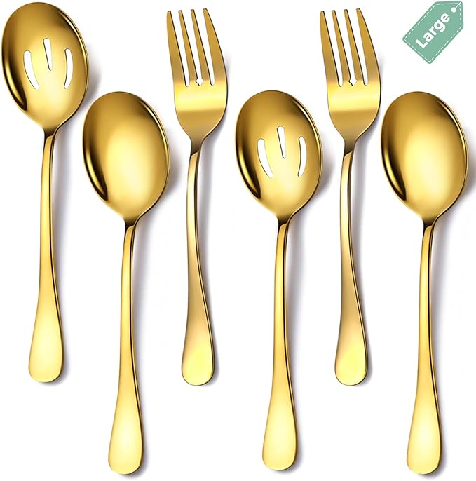 6 Piece Stainless Steel Serving Spoons Set, 10-Inch, Includes 2 Spoon/Slotted/Forks for