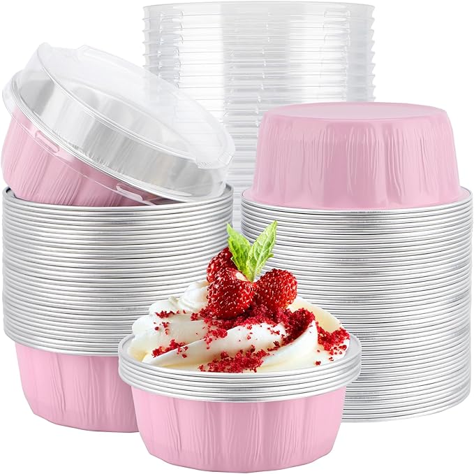 EUSOAR Disposable Muffin Tins, 100pcs 9oz Pink Aluminum Foil Pans with Lids, Cake Container Cups