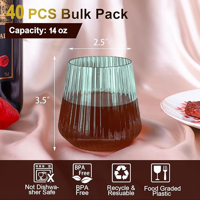 40 Pack Plastic Ribbed Wine Glasses, 14Oz Origami Disposable Wine Glasses Unbreakable Clear Plastic