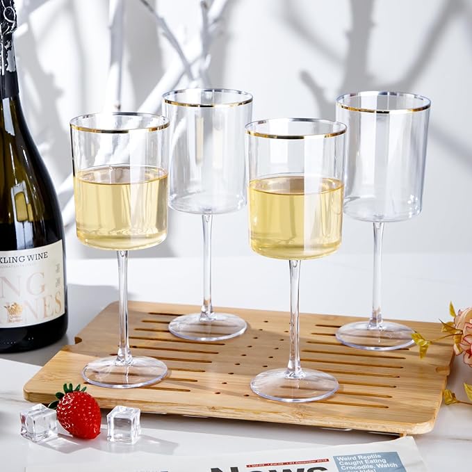 Ciaell 12 Pack Plastic Wine Glasses - 10 Oz Plastic Wine Glasses with Stem - Gold Rim Disposable