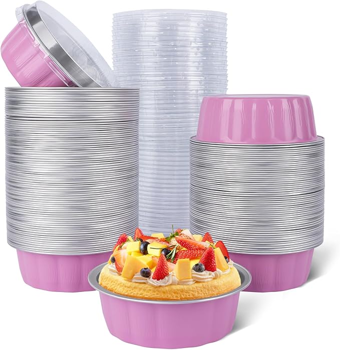 Beasea 8 oz Ramekins with Lids, 120 Pack 8 oz 4 Inch Disposable Mini Pink Aluminum Foil Creme