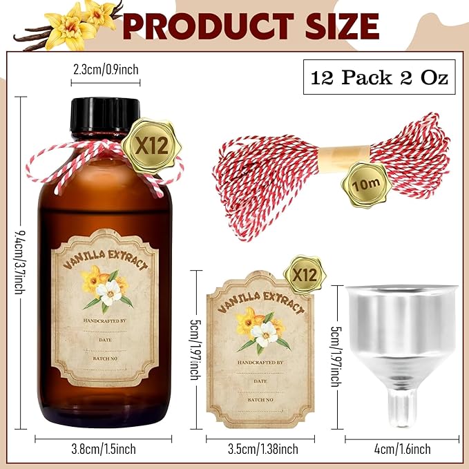 12 Pack 2 Ounce Amber Glass Bottle with Lids Vanilla Extract Homemade Brown Bottle 2 oz and 12Pcs