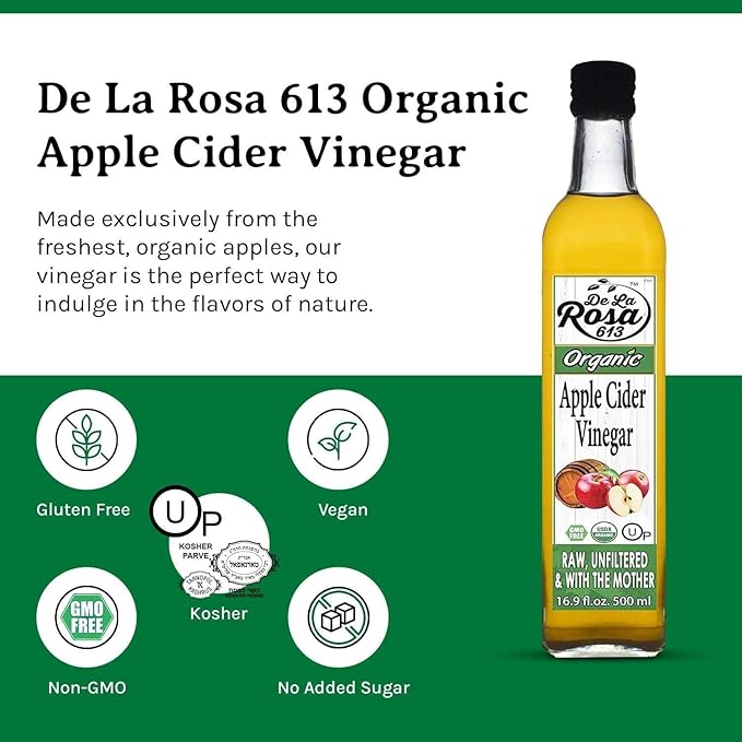 De La Rosa Organic Apple Cider Vinegar, Raw & Unfiltered with The Mother, Kosher for Passover