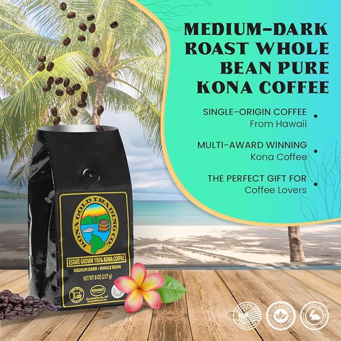 8oz 100% Kona Coffee Whole Beans by Kona Gold Rum Co. - Extra Fancy Freshly Roasted Medium/Dark
