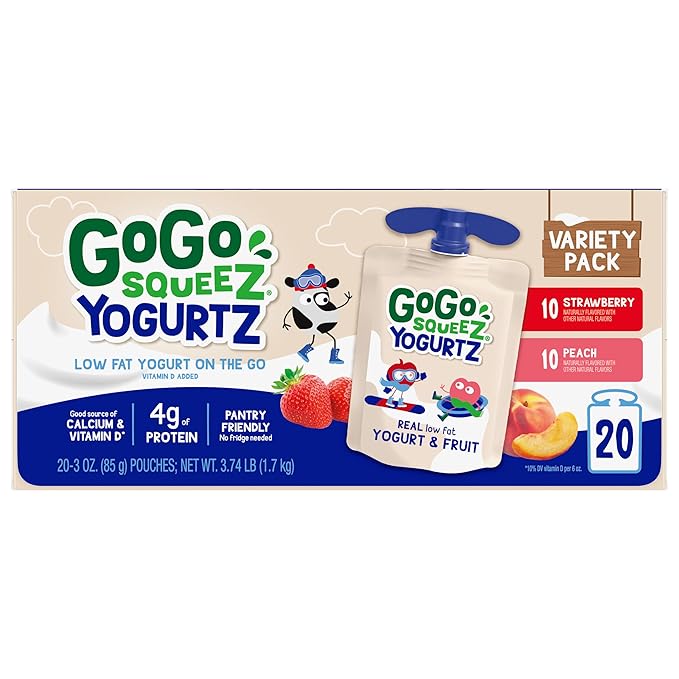 GoGo squeeZ YogurtZ Variety Pack, Strawberry & Peach, 3 oz (Pack of 20), Kids Snacks Made with Real