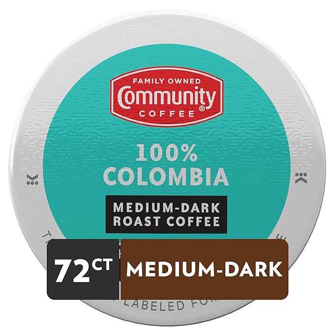 Community Coffee 100% Colombia 72 Count Coffee Pods, Medium Dark Roast, Compatible with Keurig 2.0