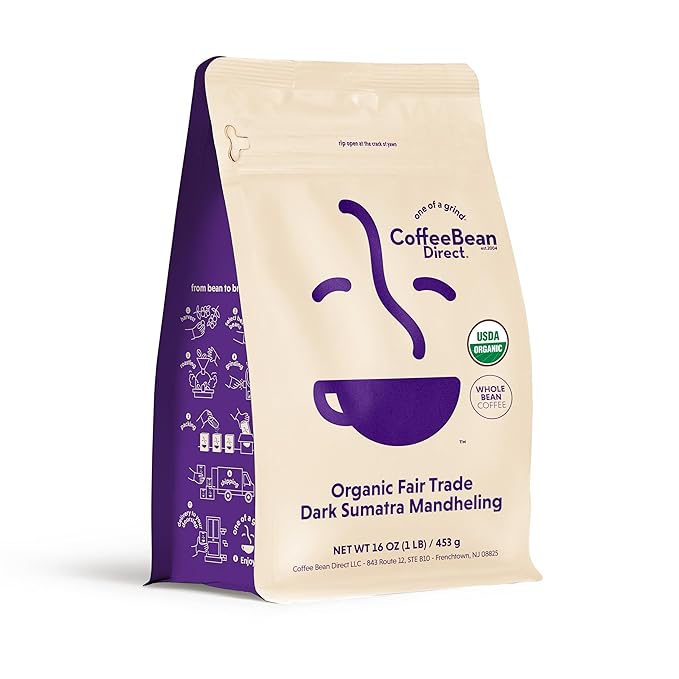 Coffee Bean Direct Organic Fair Trade Dark Sumatra Mandheling, Whole Bean Coffee, Dark Roast, 1