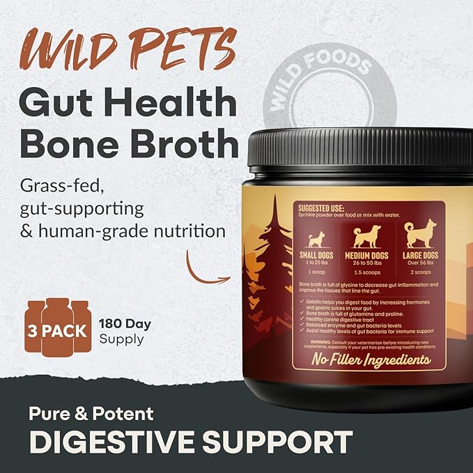 Wild Foods Dog Bone Broth Powder – 100% Natural & 16oz US Made Bone Broth for Dogs Support