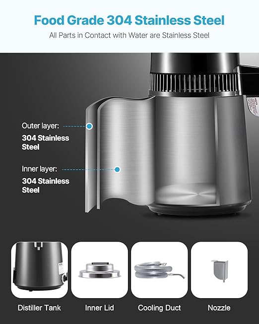 VEVOR Water Distiller, 4L 1.1 Gallon Pure Water Purifier Filter for Home Table Countertop, 750W