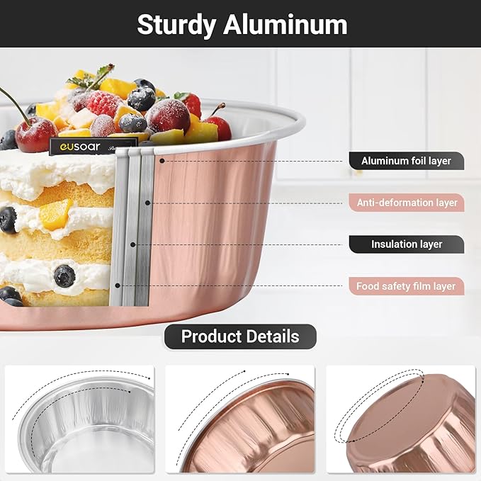 EUSOAR Cake Pans with Lids, 100pcs 9oz Rose Gold Cake Covers and Cake Containers, Disposable Muffin