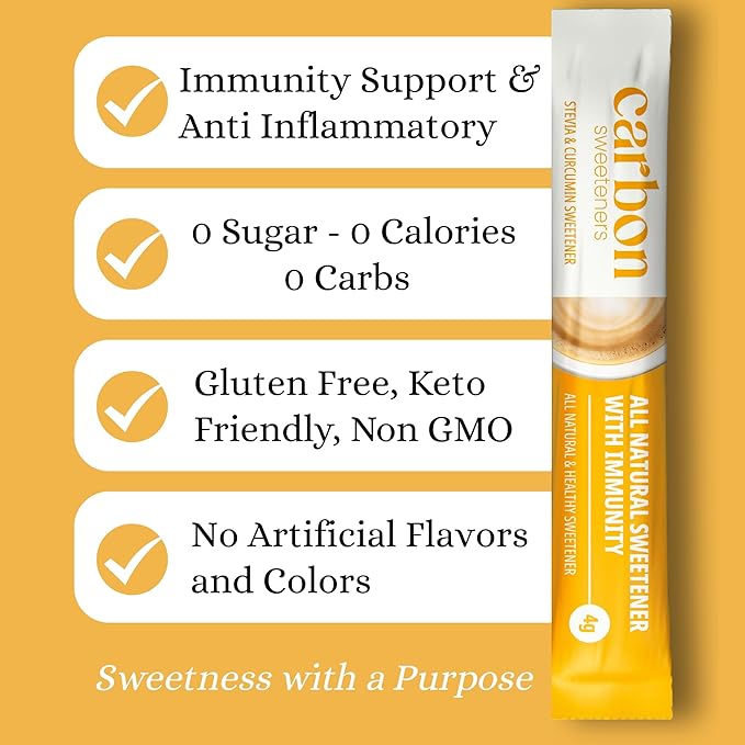 Carbon Sweeteners Stevia Sweetener Packets with Turmeric for Immunity Boosting - Supports Overall