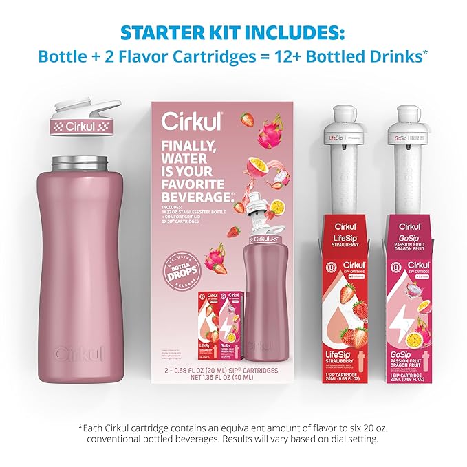 Cirkul 32oz. Rose Gold Stainless Steel Water Bottle Starter Kit with Rose Gold Lid and 2 Flavor