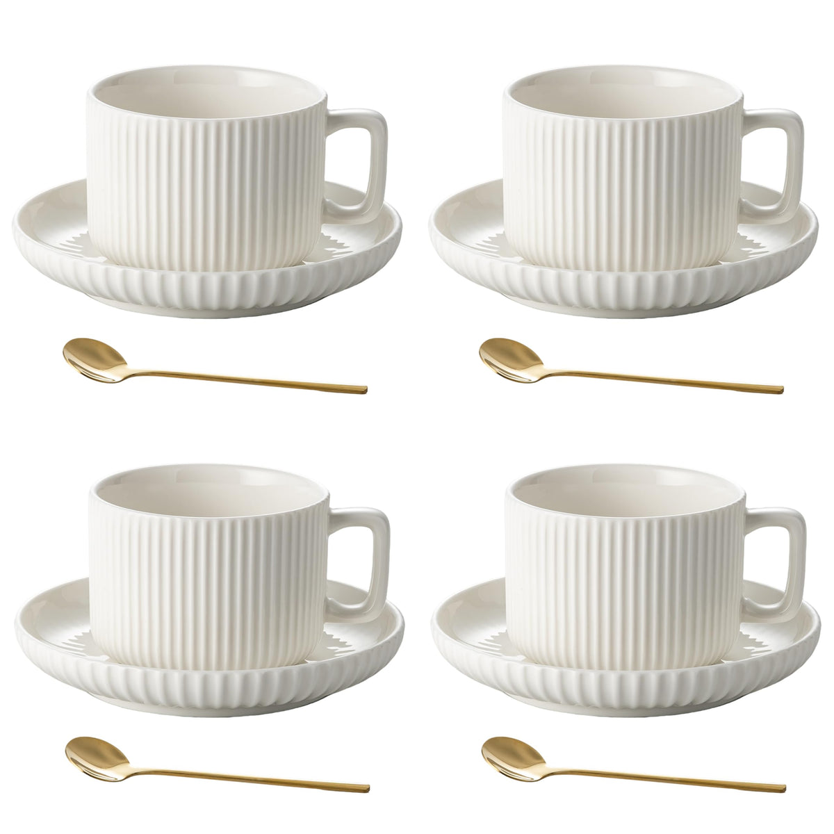 AYUCIA 8 Ounce Cappuccino Cups Set of 4, Latte Mugs with Saucers and Spoons, White Cream Ceramic