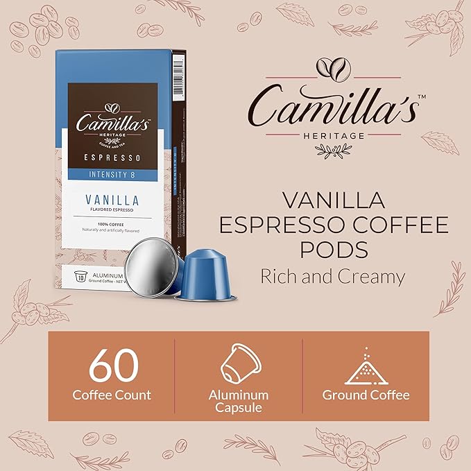 Camilla’s Heritage - Intensity 8 Vanilla Flavored Espresso Coffee, Gourmet Espresso Cups, 60 Coffee