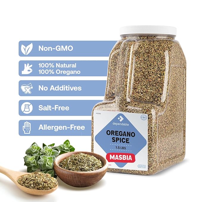 Dependable Food Oregano Seasoning - 1.5 Lb. Jar - Bulk, Kosher, 100% Natural Oregano Leaves for