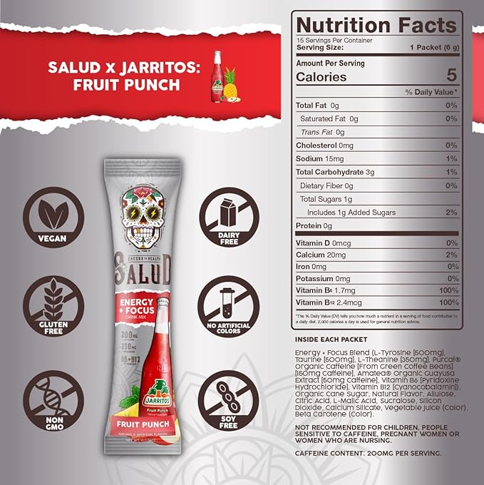 Salud x Jarritos 2-in-1 Energy Drink Powder + Focus, Fruit Punch, Organic Caffeine, B6 + B12