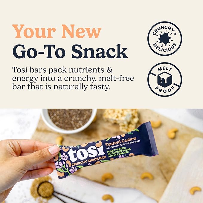 Tosi Cashew Protein Bars, Plant Based with Nuts, Gluten-Free Crunchy Snacks, Vegan, Organic, Flax &