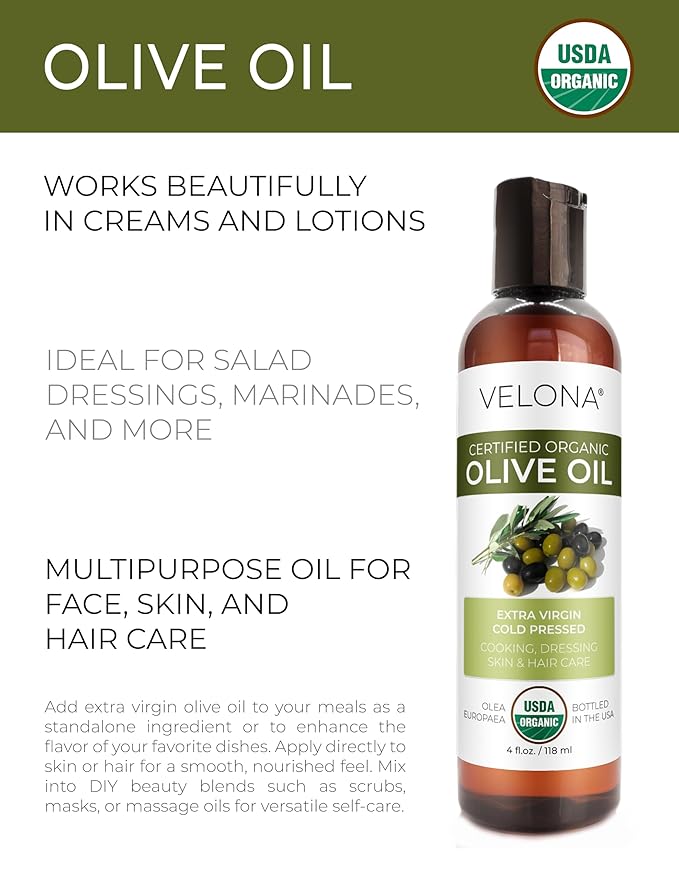 velona USDA Certified Organic Olive Oil - 4 Fl Oz | 100% Pure and Natural Carrier Oil | Extra