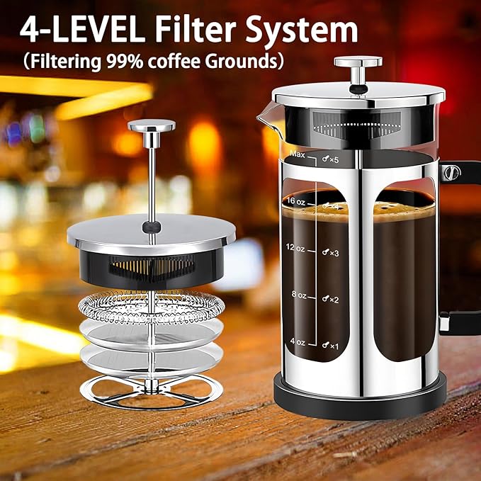 French Press Coffee Maker (21oz 600ML 3-4Cup) Coffee Press, with 4 Filters System, Heat Resistant