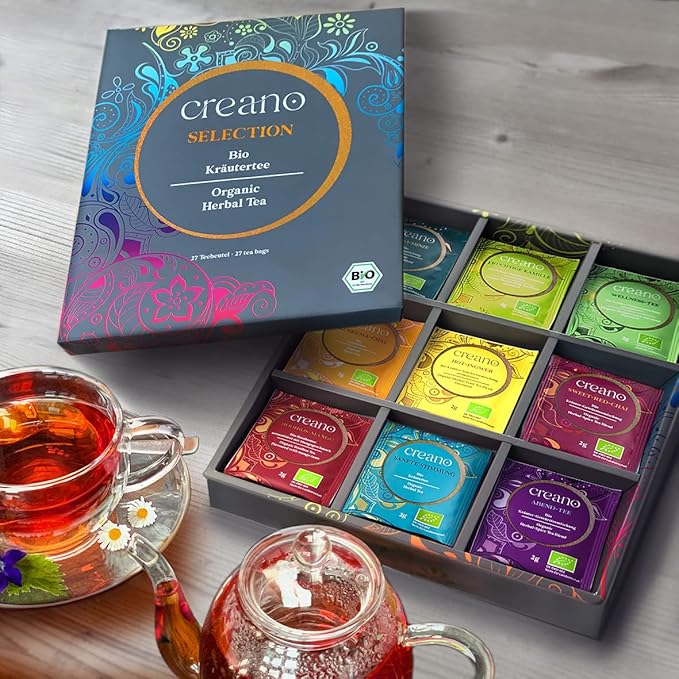 Creano Organic Herbal Tea Sampler Gift Set - Tea Gift Box - 27 Organic Tea Bags in 9 Different