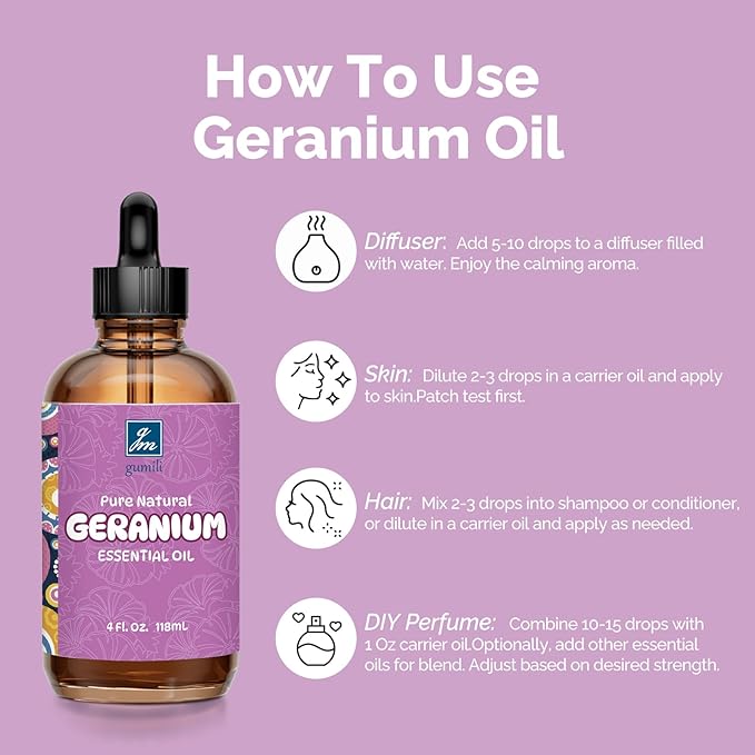 Geranium Essential Oil 4 Oz, 100% Pure Geranium Oil for Diffuser, Skin, Hair, Face, Soap & Candle