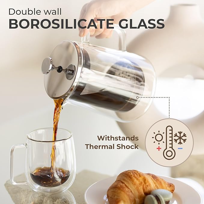 Kaffe Glass French Press Coffee Maker (27oz / 0.8L) - Double-Wall Insulated Borosilicate Glass