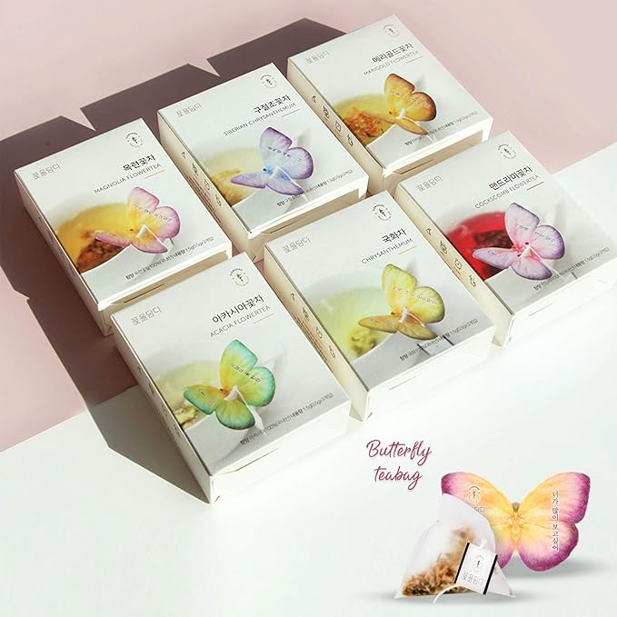 KKOKDAM Korean Tea Gift Set – 6 Flavor Butterfly Tea Bag Sampler – Elegant Box for Tea Lovers