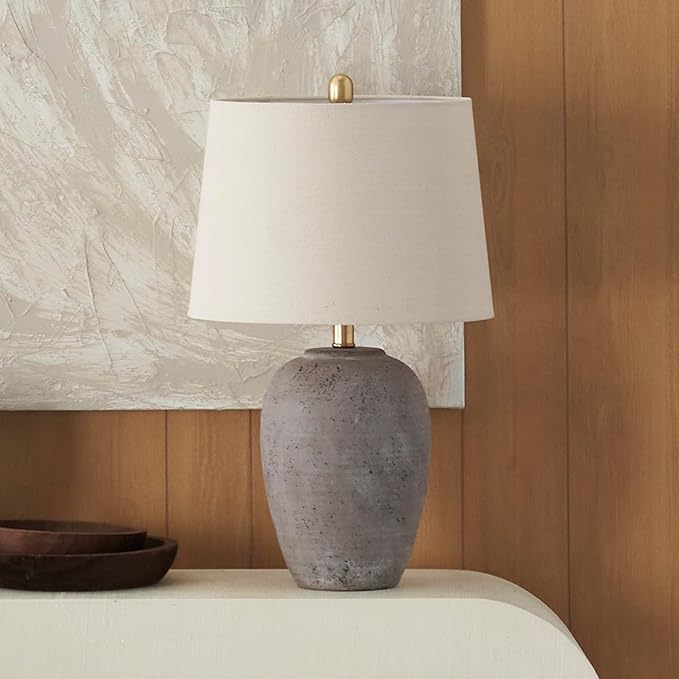 Nourison Home 23" Greyish Brown Earth Tone Rustic Farmhouse Ceramic Table Lamp for Bedroom, Living